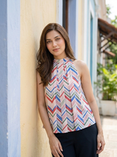 Pink Chevron Halter Neck Casual Cotton Tops for Women
