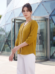 Mustard Embroidered V-Neck Button Top