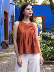 Rust Pleated Sleeveless Flared Top
