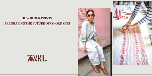 {A fusion of traditional and contemporary fashion, displaying a minimalist block-printed co-ord set alongside an artisan hand-printing fabric.}