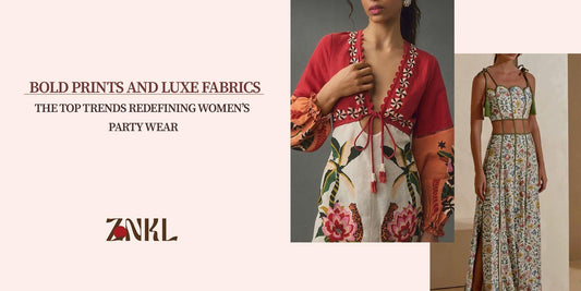 {Bold Prints and Luxe Fabrics: The Top Trends Redefining Women’s Party Wear. Features women in vibrant, embroidered outfits showcasing statement fashion.}-{Znkl.in}