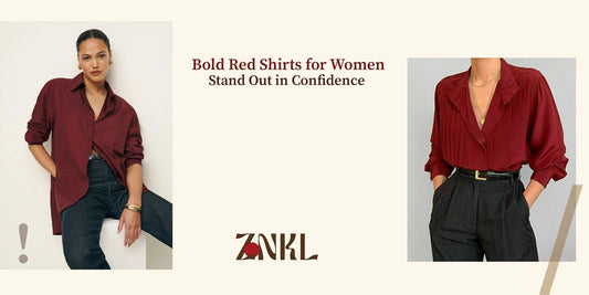 {A woman in a bold maroon shirt paired with dark jeans exudes casual elegance and confidence.}-{znkl.in}