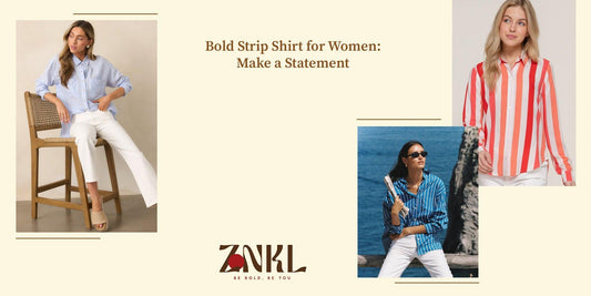 { Women styled in bold striped shirts paired with white pants, showcasing versatile looks for casual and chic settings.}-{znkl.in}