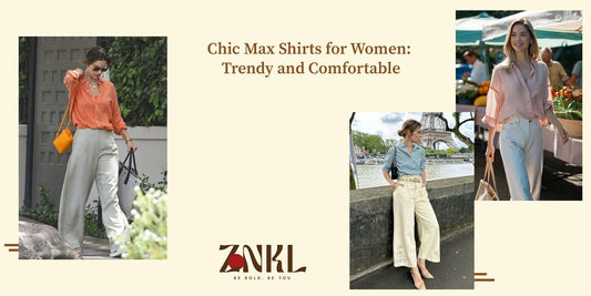 {Three women styled in chic and comfortable shirts, paired with light trousers, showcasing trendy fashion for casual outings.}-{znkl.in}