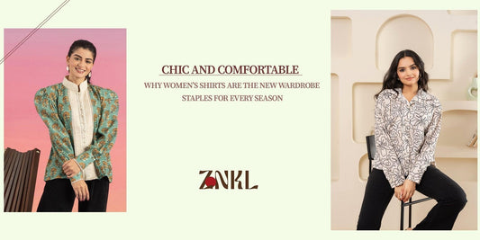 {Two women in stylish shirts – one in green with puff sleeves, the other in black-and-white print. Text: 'Chic and Comfortable – Wardrobe Staples for Every Season.}-{znkl.in}