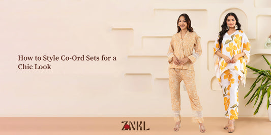 {Two stylish women wearing elegant co-ord sets—one in a beige embroidered set and the other in a floral white and yellow outfit—perfect for a chic fashion statement.}