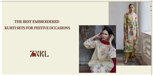 {Elegant embroidered kurti sets for festive occasions by ZNKL, featuring intricate floral embroidery in luxurious fabrics for a sophisticated ethnic look.}-{znkl.in}