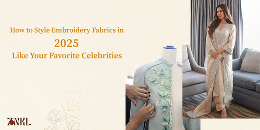 {Elegant embroidered fabric designs styled on a mannequin and modeled by a celebrity, showcasing timeless embroidery trends for 2025}-{ZNKL.IN}