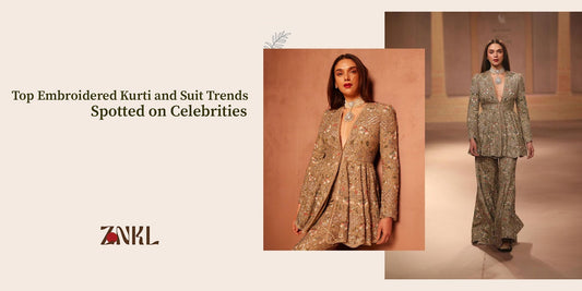 {A fashion banner featuring embroidered kurti and suit trends spotted on celebrities, showcasing a model in a heavily embellished gold suit on the runway. ZNKL logo.}-{ZNKL.IN}