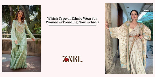 {Woman in pastel green ethnic wear featuring intricate embroidery and flowy sharara pants, blending elegance with modern style amidst a natural outdoor setting.}-{znkl.in}