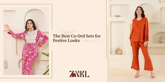 {Stylish co-ord sets for festive occasions, featuring vibrant prints and embroidery."}