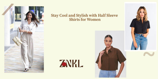{A collage showcasing women in stylish half-sleeve shirts paired with trousers or jeans, emphasizing casual and chic looks.}-{znkl.in}
