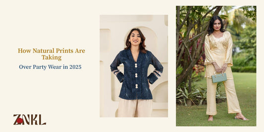 {Models in elegant natural-print outfits, showcasing timeless fashion trends for 2025.}