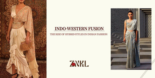 {Indo-Western Fusion: The Rise of Hybrid Styles in Indian Fashion, featuring elegant draped saree gowns and modernized lehengas with contemporary elements.}-{znkl.in}