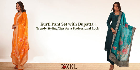 {"A fashion banner featuring kurti pant sets with dupattas in vibrant orange and deep teal, highlighting trendy styling tips for a professional look. ZNKL branding.}-{ZNKL.IN}