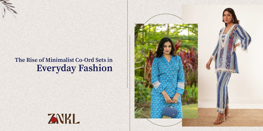 {"The Rise of Minimalist Co-Ord Sets in Everyday Fashion - Two models display trendy co-ord sets, one in vibrant blue with intricate patterns and another in blue-striped fabric with lace detailing, perfect for modern casual wear."}