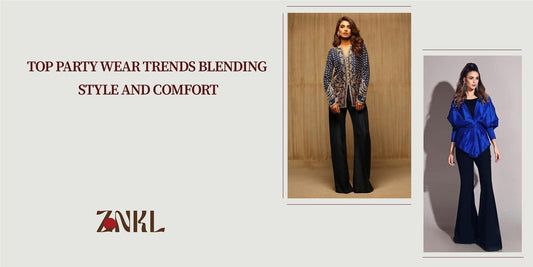 {Two models in contemporary party wear—one in an embellished jacket with wide-leg pants, and another in a bold blue top with flared trousers—redefining modern elegance.}