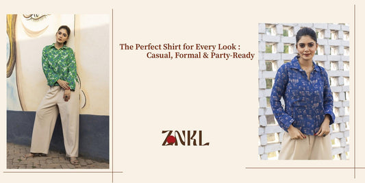 {Woman in green printed shirt and beige pants; woman in blue printed shirt. Text: "The Perfect Shirt for Every Look: Casual, Formal & Party-Ready.}-{znkl.in}