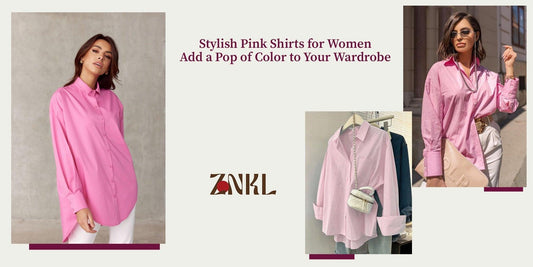 {Stylish pink shirts for women are displayed, paired with white bottoms and accessories, emphasizing versatility and elegance in wardrobe choices.}-{znkl.in]