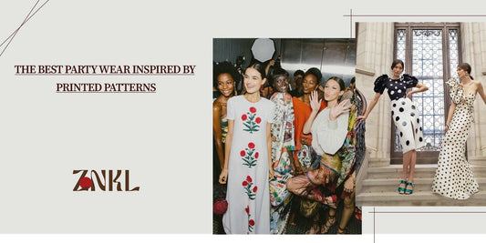 {Models showcasing trendy printed party wear—floral and polka dot patterns—embracing elegance and modern fashion in vibrant and bold styles.}