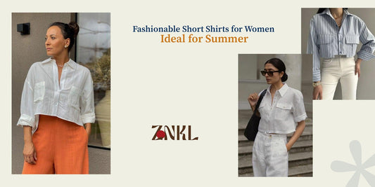 {A collage showcasing fashionable short shirts for women, ideal for summer, styled with pants in various colors and designs for casual elegance.}-{znkl.in}