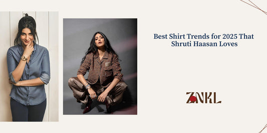 {Shruti Haasan-inspired 2025 shirt trends: casual denim shirt on the left and a chic plaid jacket-style shirt paired with trousers on the right.}-{znkl.in}