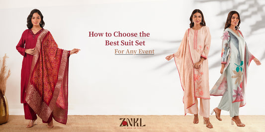 [Three women in different colorful suit sets. The text reads "How to Choose the Best Suit Set For Any Event." The brand logo "Zankl" is at the bottom.]-[znkl]]