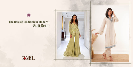 {A fashion banner highlighting the fusion of tradition and modernity in suit sets, featuring a pastel embroidered pantsuit and a classic beige kurta set. ZNKL branding.}-{ZNKL.IN}