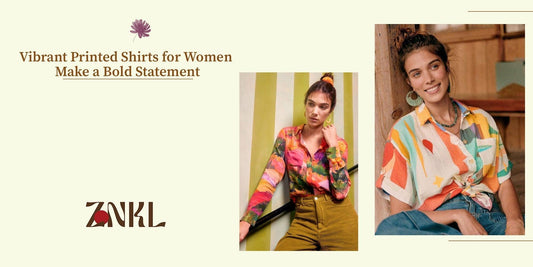 {Two women wearing vibrant printed shirts, one styled with green pants and the other with denim, making colorful fashion statements.]-{znkl.in}
