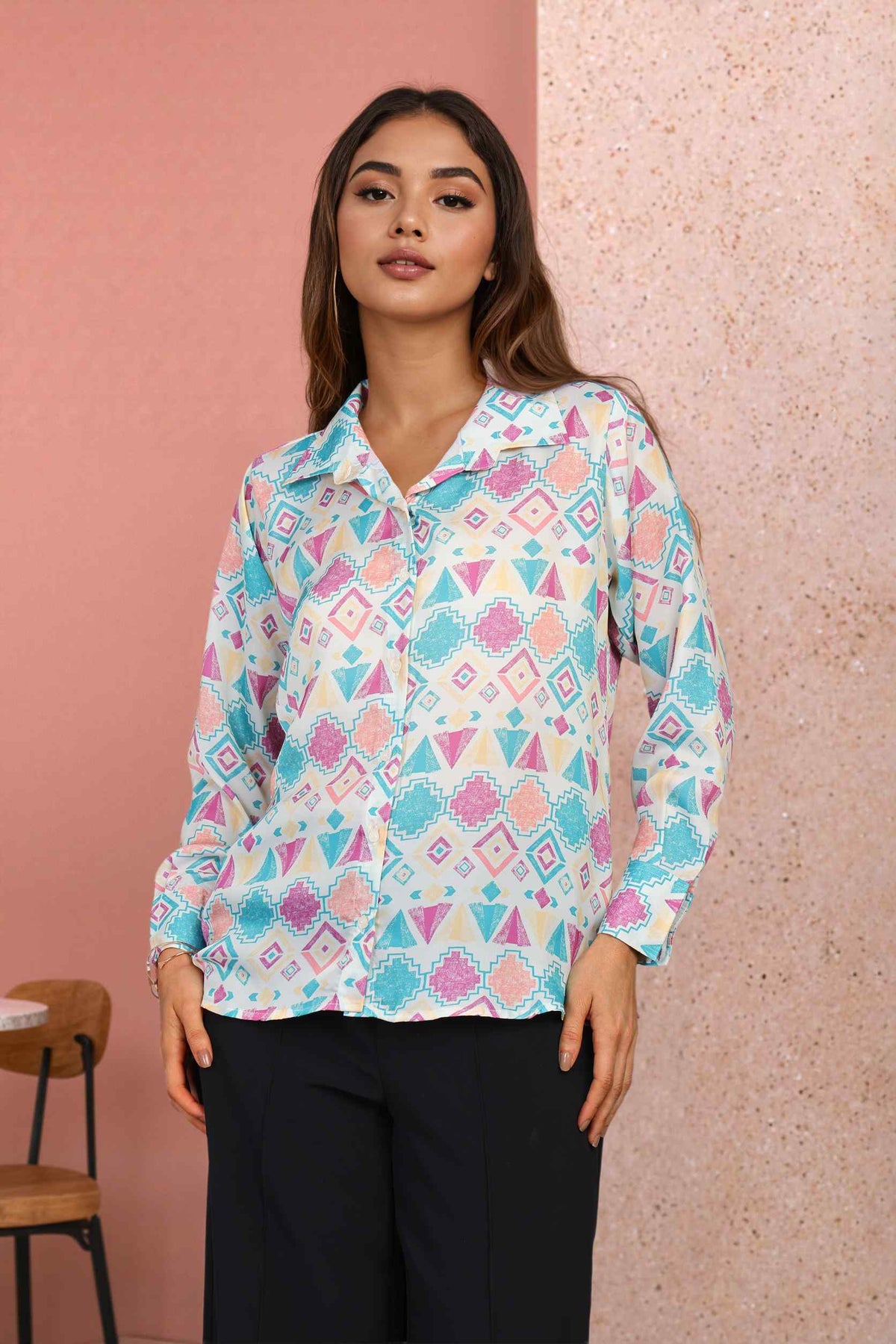 Women’s Multi-Color Satin Shirt with Geometric Print Smart Office Outfit