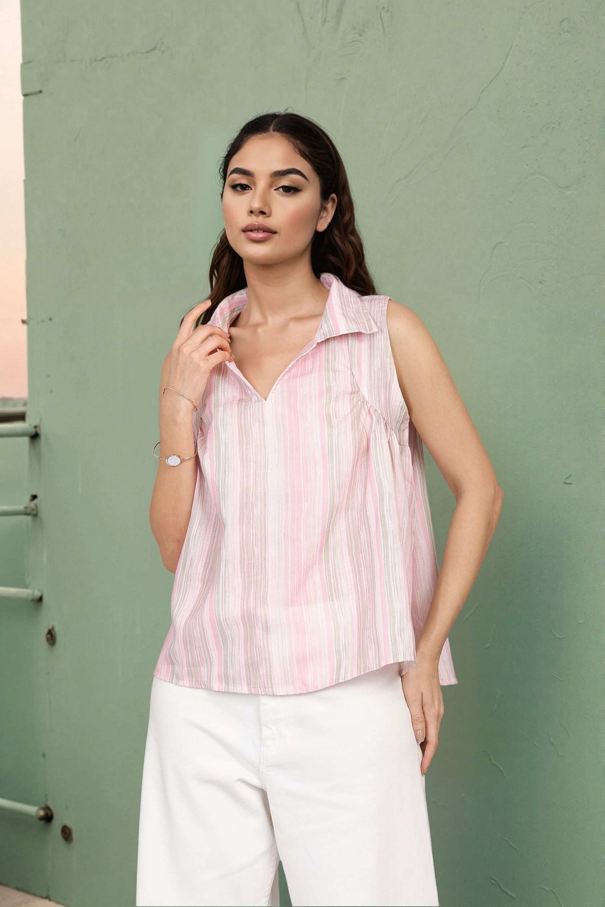 Light Pink Sleeveless Top Soft Stripe Look