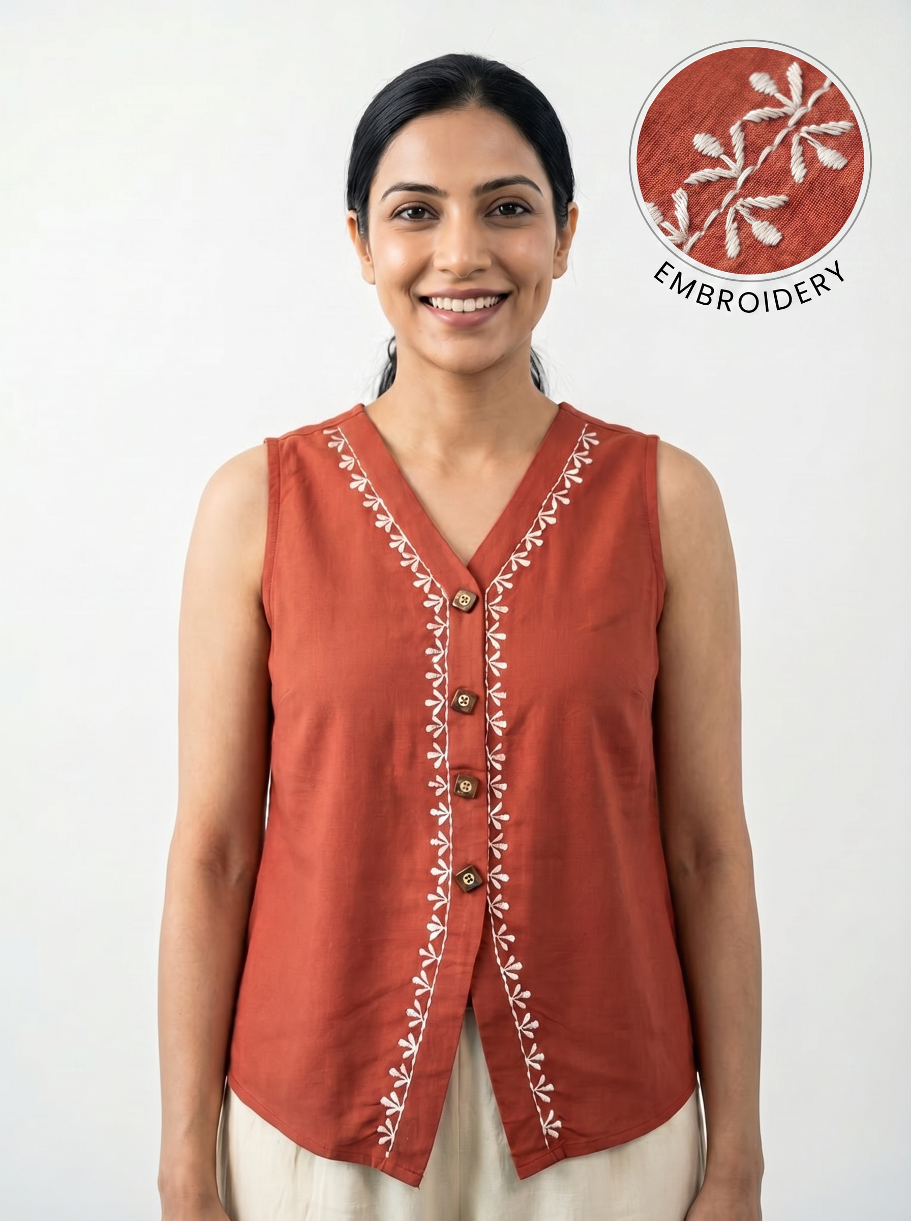 A stylish rust red sleeveless top featuring delicate off-white leaf vine embroidery along the V-neckline and front placket for a refined handcrafted look.