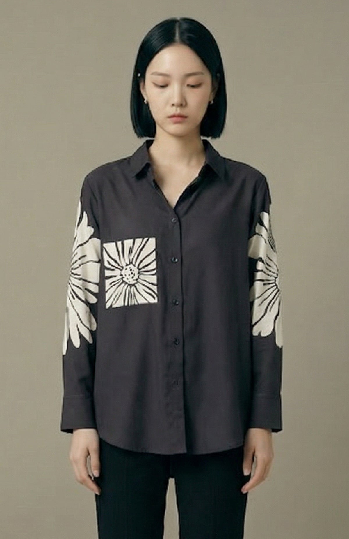Grey Floral Graphic Button-Down Shirt Top