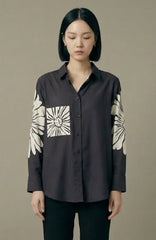 Grey Floral Graphic Button-Down Shirt Top