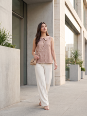 Mocha Beige Peter Pan Collar Sleeveless Button-Down Top