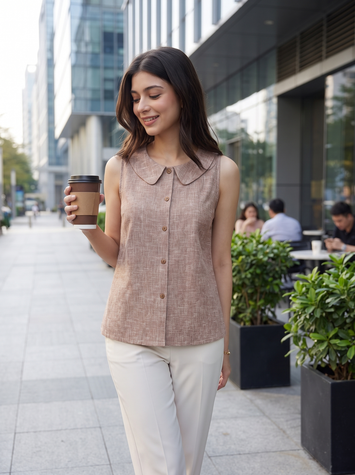 Mocha Beige Peter Pan Collar Sleeveless Button-Down Top