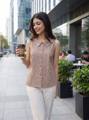 Mocha Beige Peter Pan Collar Sleeveless Button-Down Top