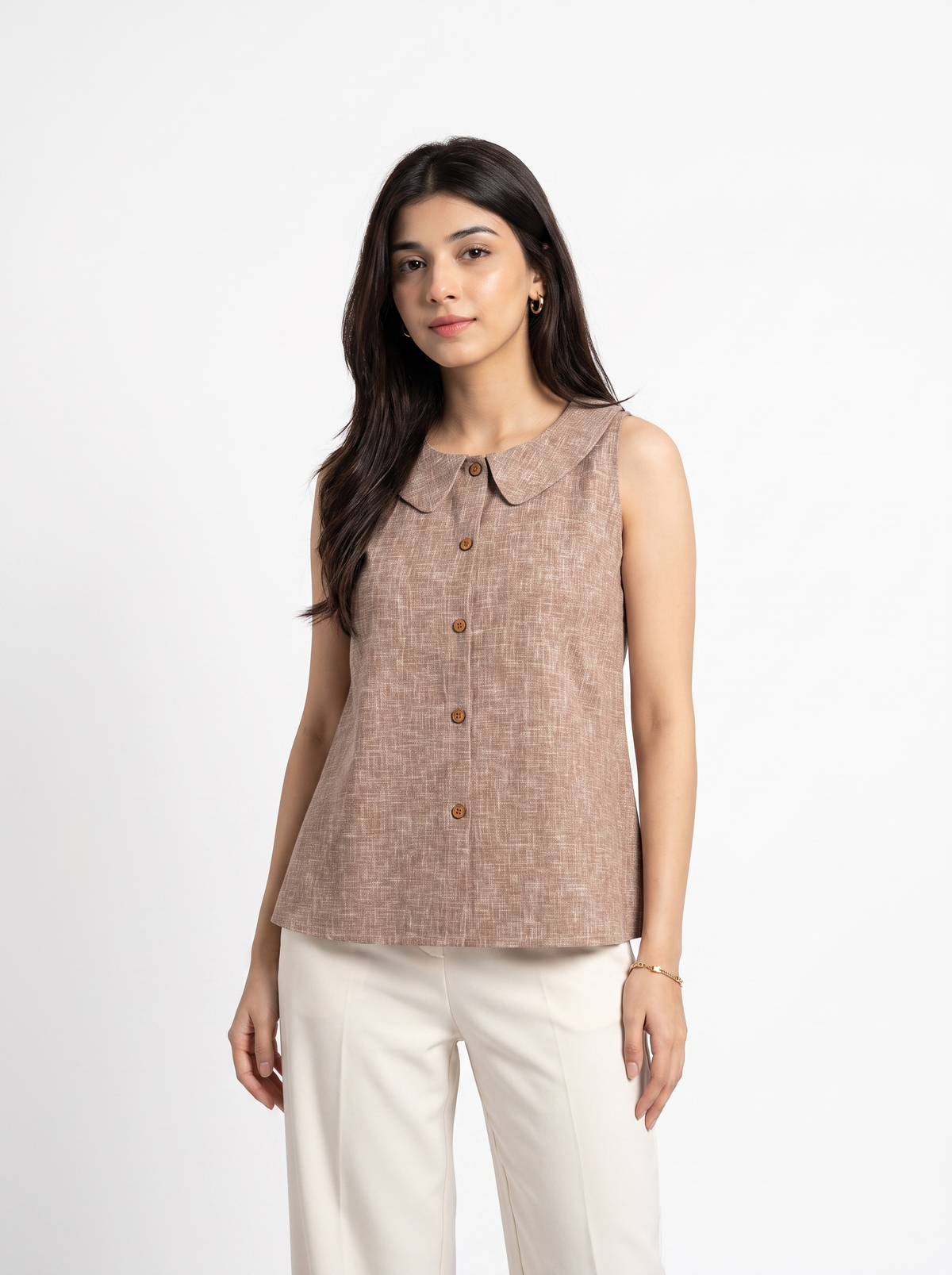 Mocha Textured Peter Pan Collar Button-Front Top