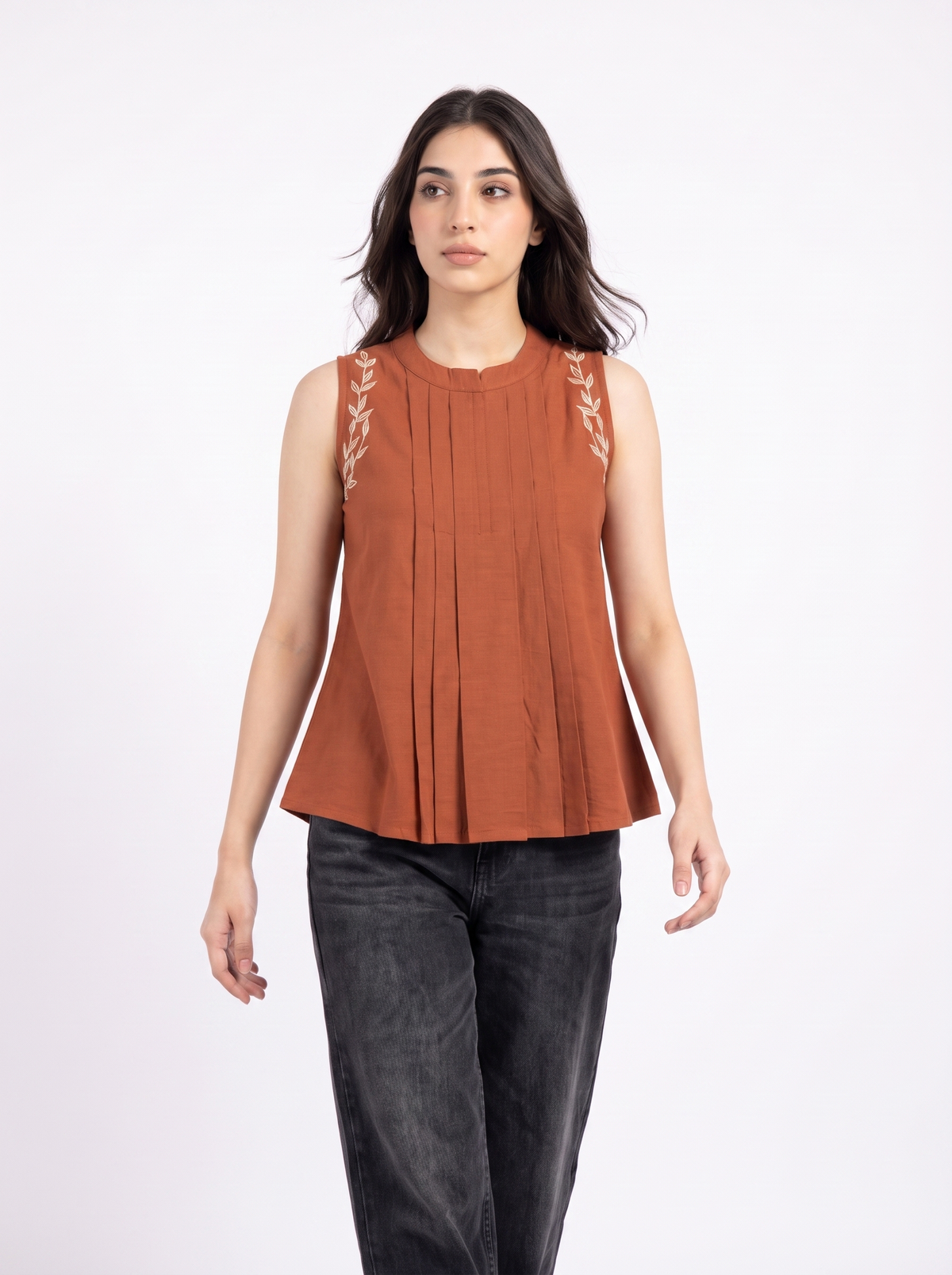 Terracotta Vine Embroidered Pleated Sleeveless Top