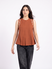 Terracotta Vine Embroidered Pleated Sleeveless Top