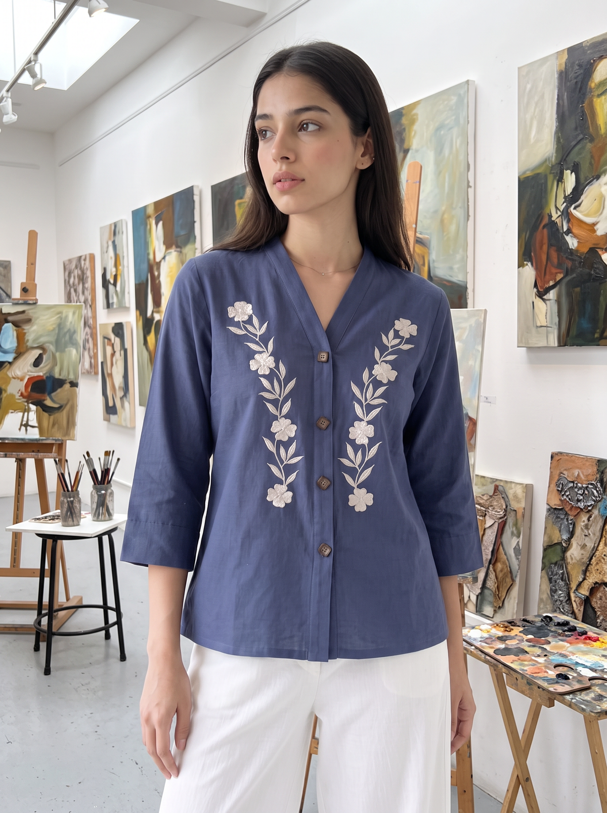 Indigo Bloom Embroidered V-Neck Button-Front Top