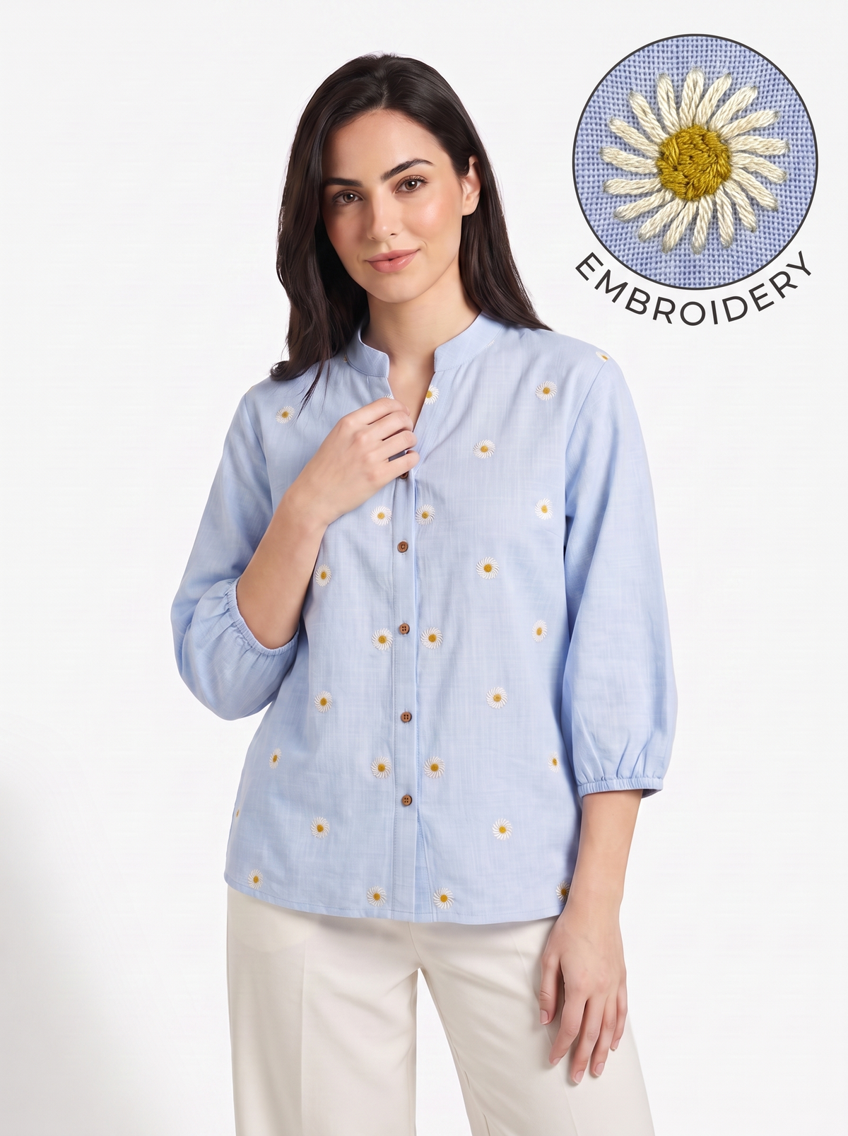 White Daisy Embroidery with Mustard Centres & Front Button Detailing