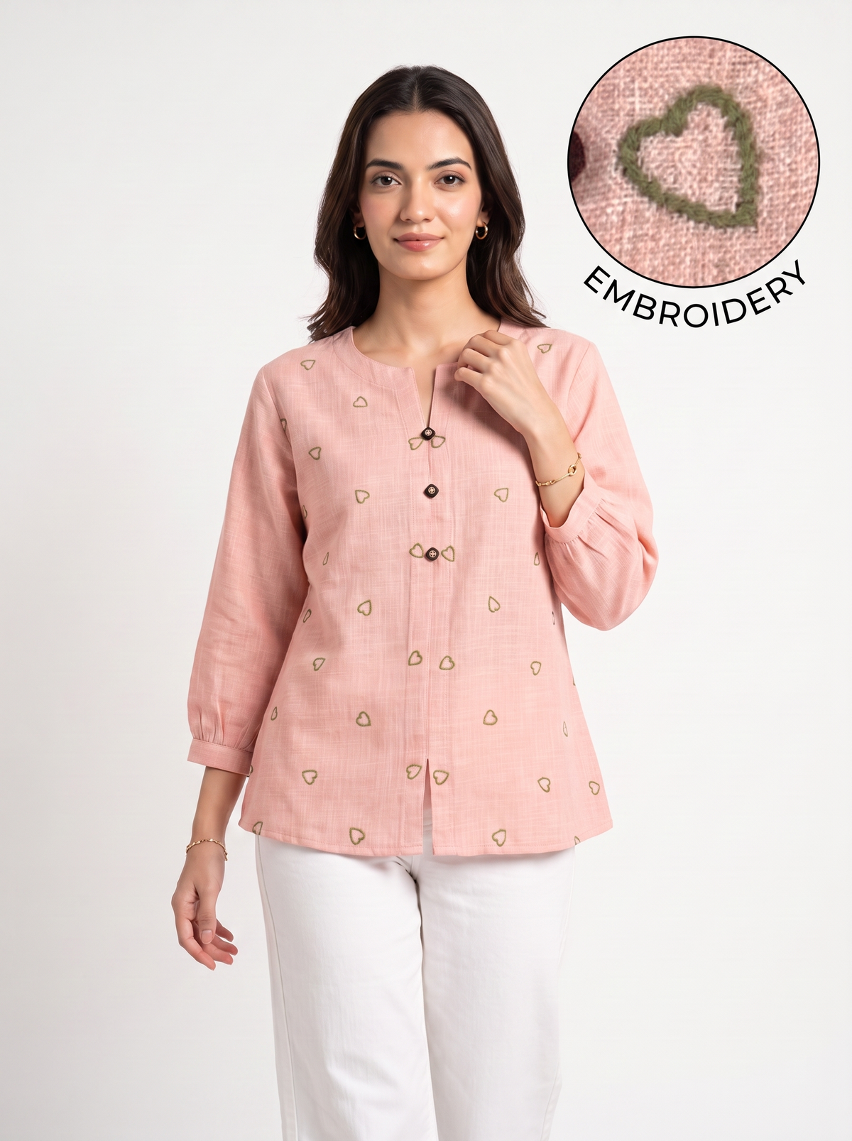 Blush Pink Heart-Motif Embroidered Split-Neck Top