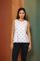 White Ikat Crochet Top Sleeveless Casual Wear