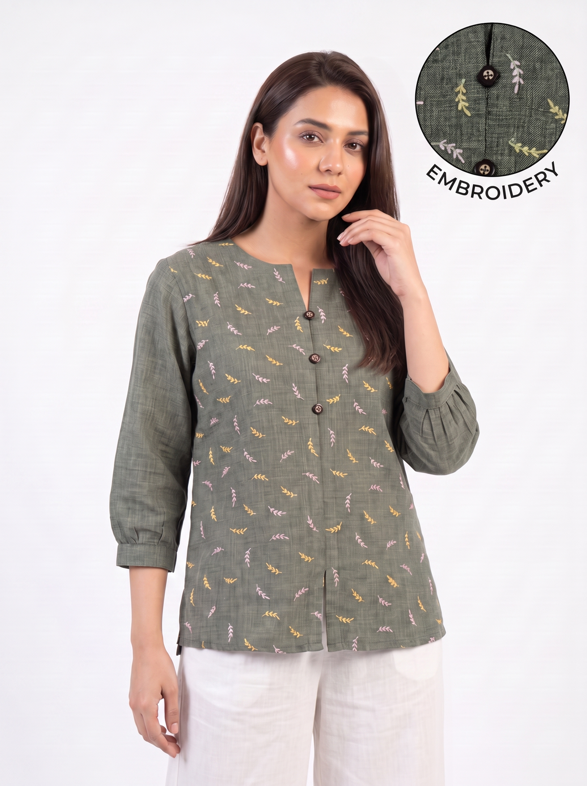 Olive Green Multicolor Leaf-Motif Embroidered Split-Neck Top