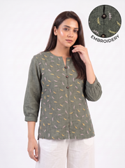 Olive Green Multicolor Leaf-Motif Embroidered Split-Neck Top