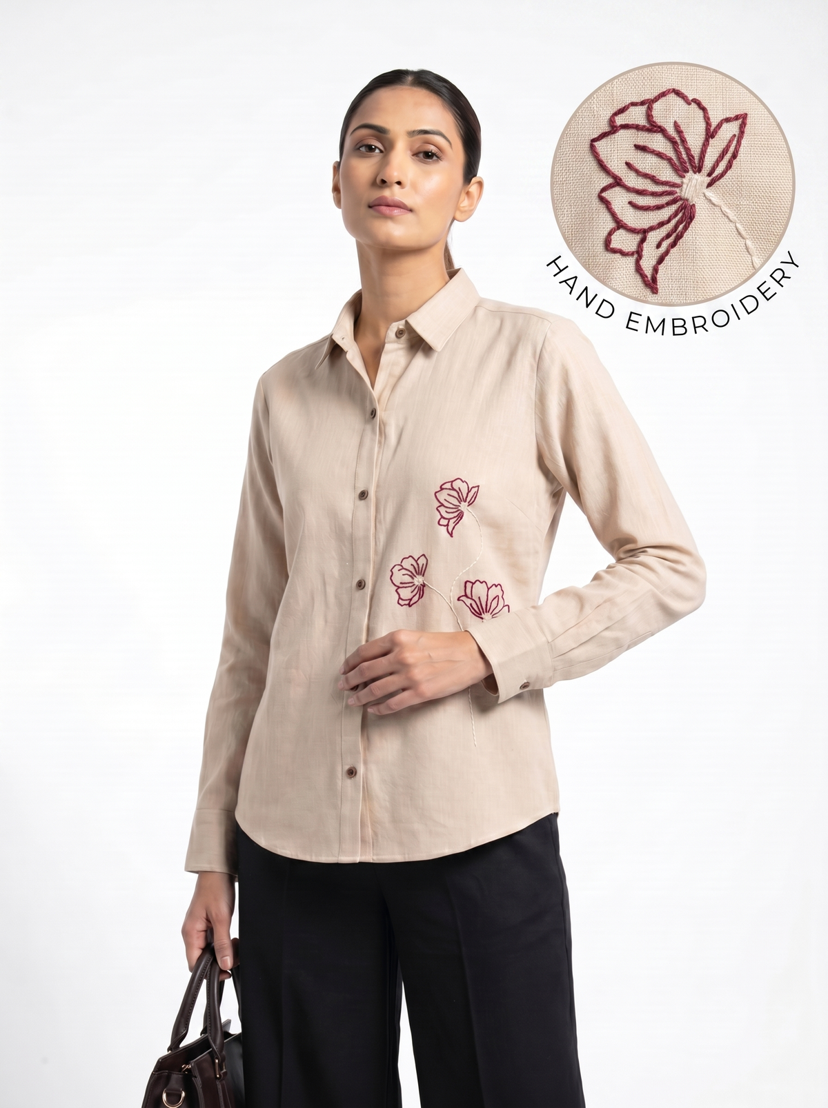 Beige Hand-Embroidered Floral Button-Down Shirt Top