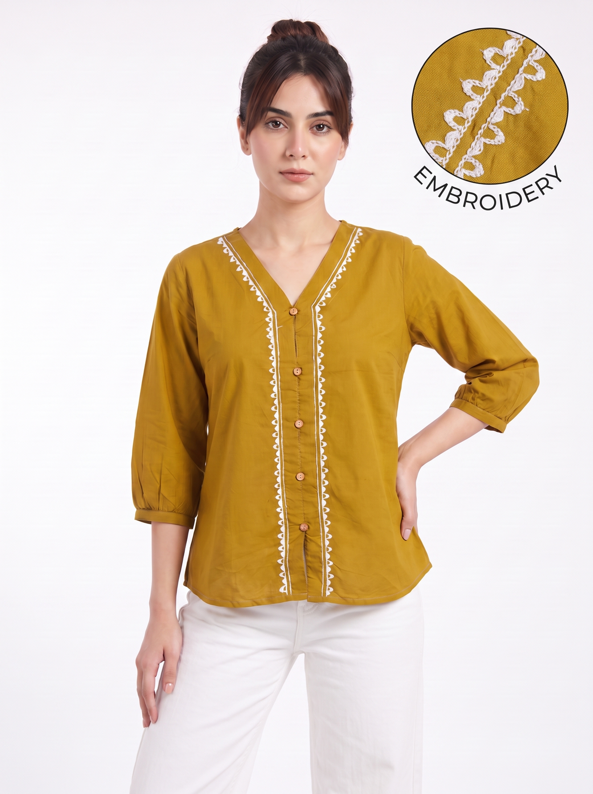 Mustard Embroidered V-Neck Button Top