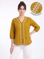 Mustard Embroidered V-Neck Button Top