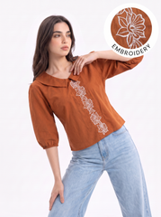Terracotta Bloom Embroidered Statement-Collar Top